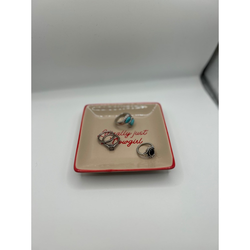 Literally Just A Cowgirl Ceramic Trinket Dish Square Jewelry Tray Red Cream - Picture 4 of 4